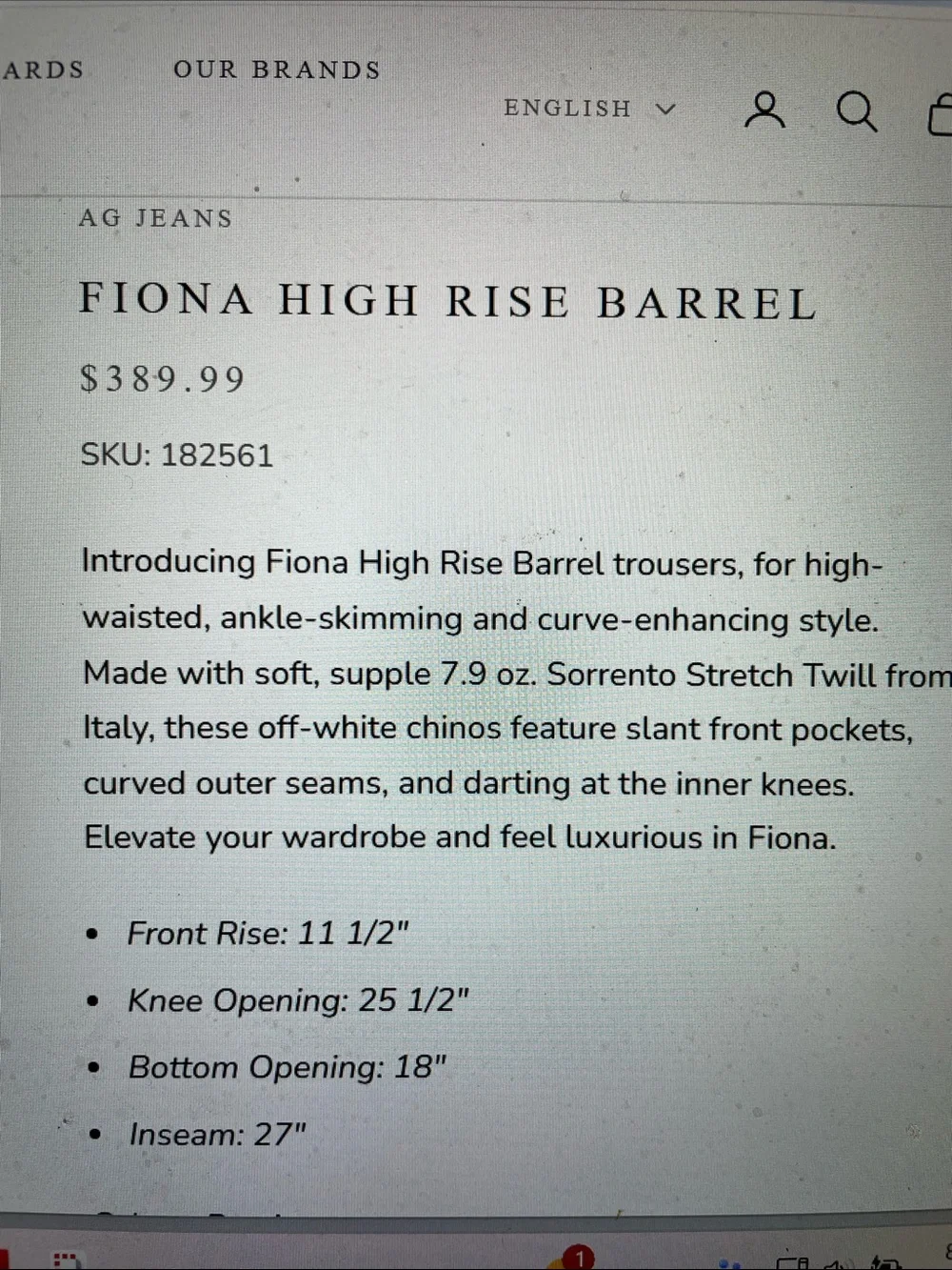 Ag Fiona high rise barrel Women's Wide-Leg Jeans in Off-White- new - Picture 2 of 8